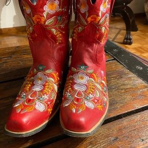 Red Floral Embroidered Floral Ankle Cowboy Boots [Vegan]